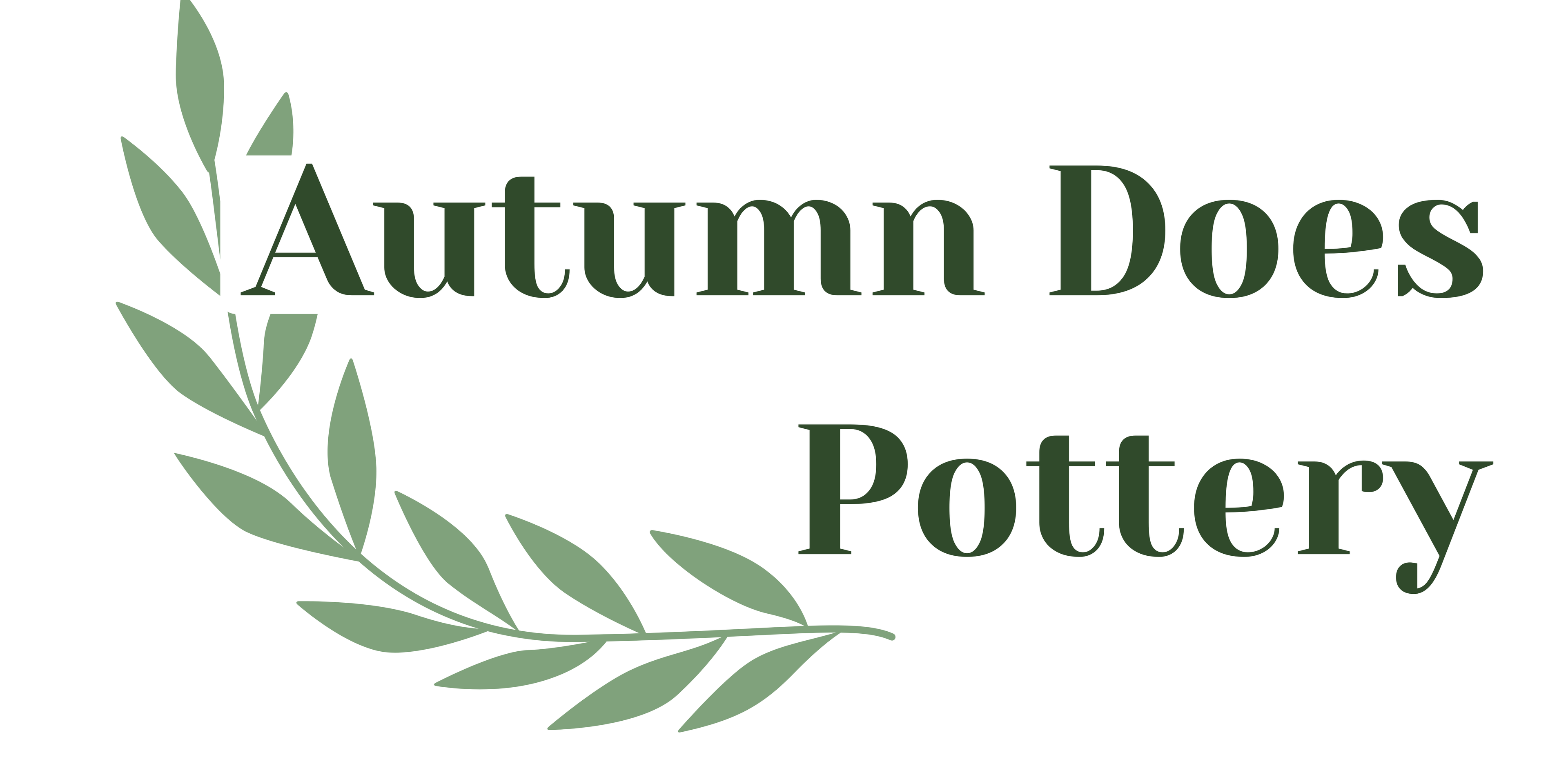 Logo for 'Autumn Does Pottery' with green leaves on a white background
