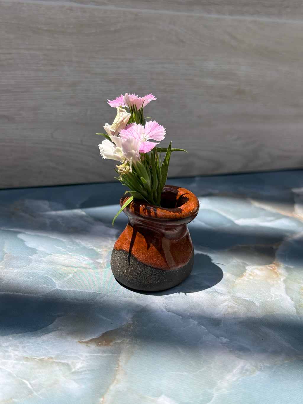 Folded Rim Bud Vase - Orange on Dark Clay
