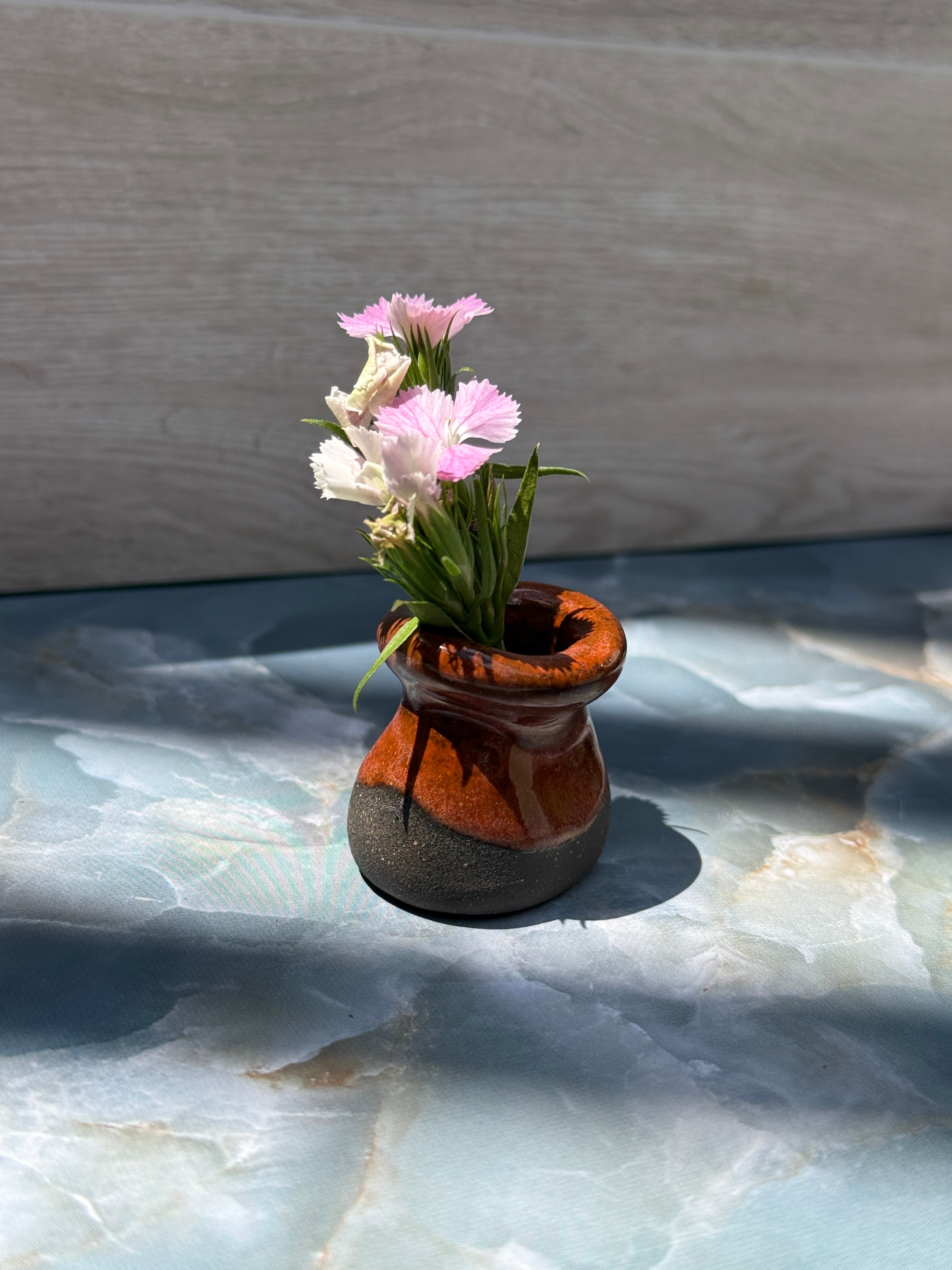 Folded Rim Bud Vase - Orange on Dark Clay