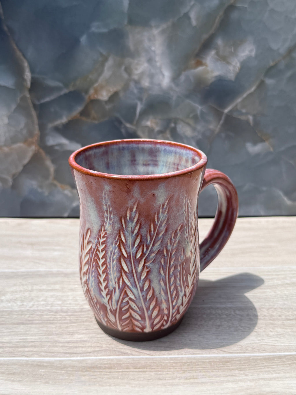 Brown and Blue Carved Fern Mug