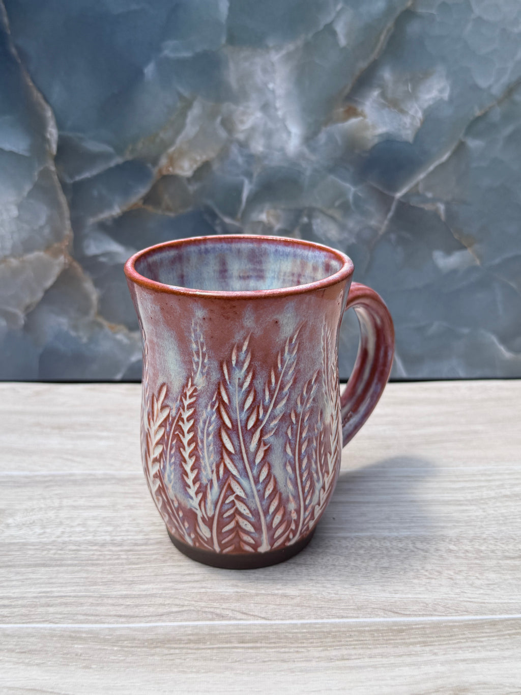 Brown and Blue Carved Fern Mug