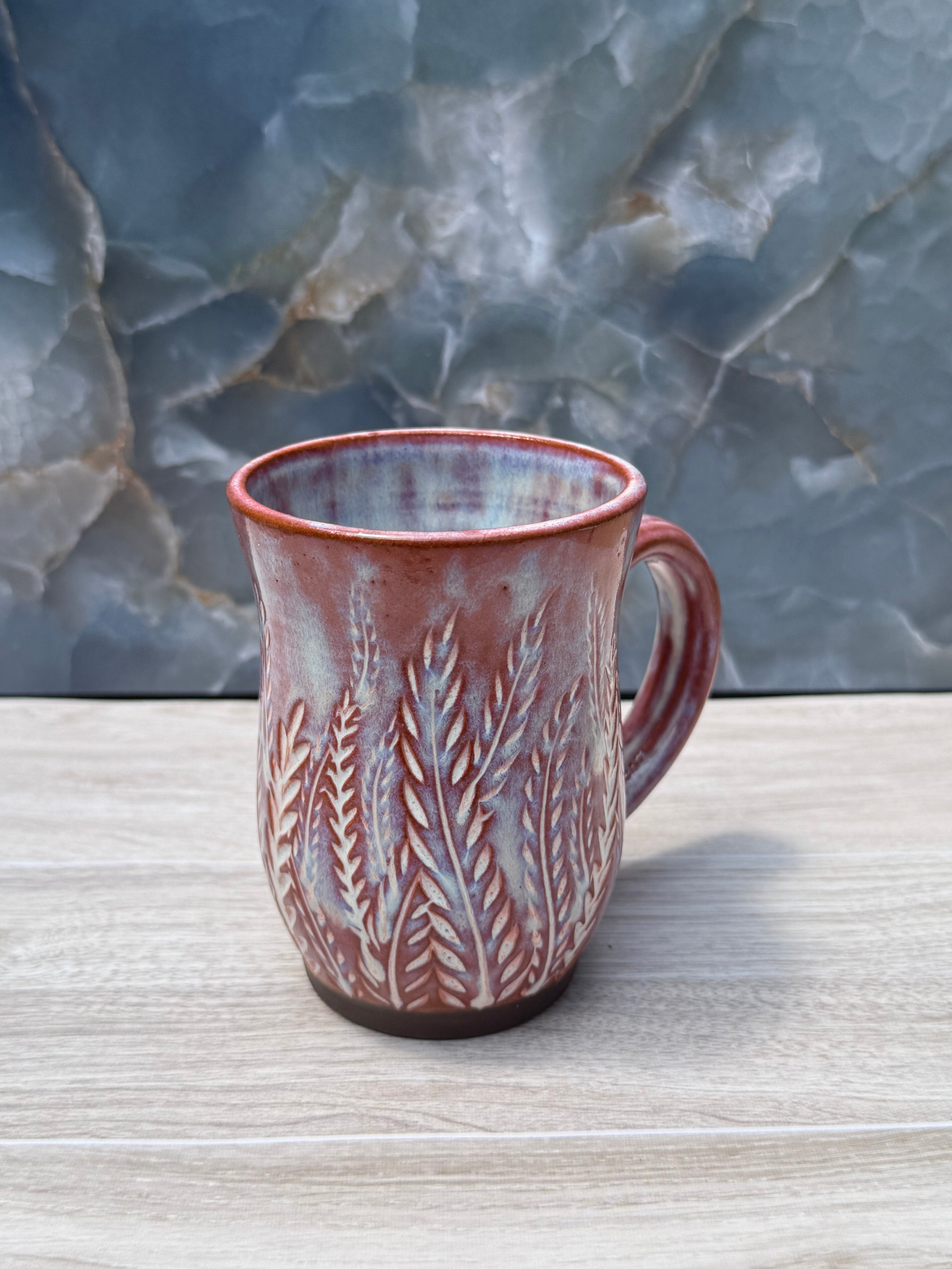 Brown and Blue Carved Fern Mug
