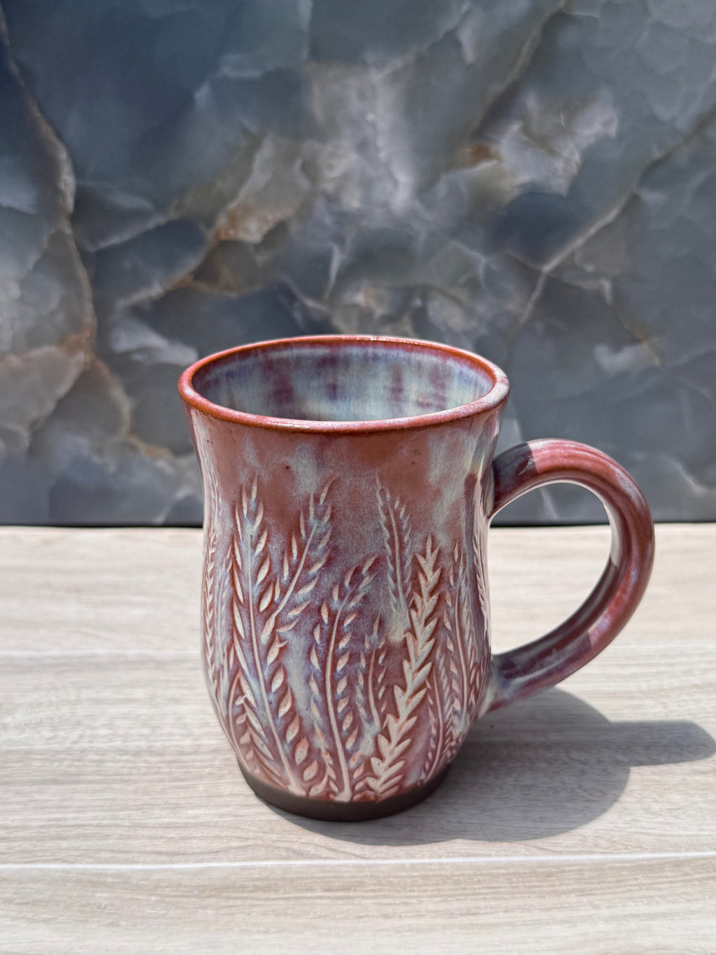 Brown and Blue Carved Fern Mug