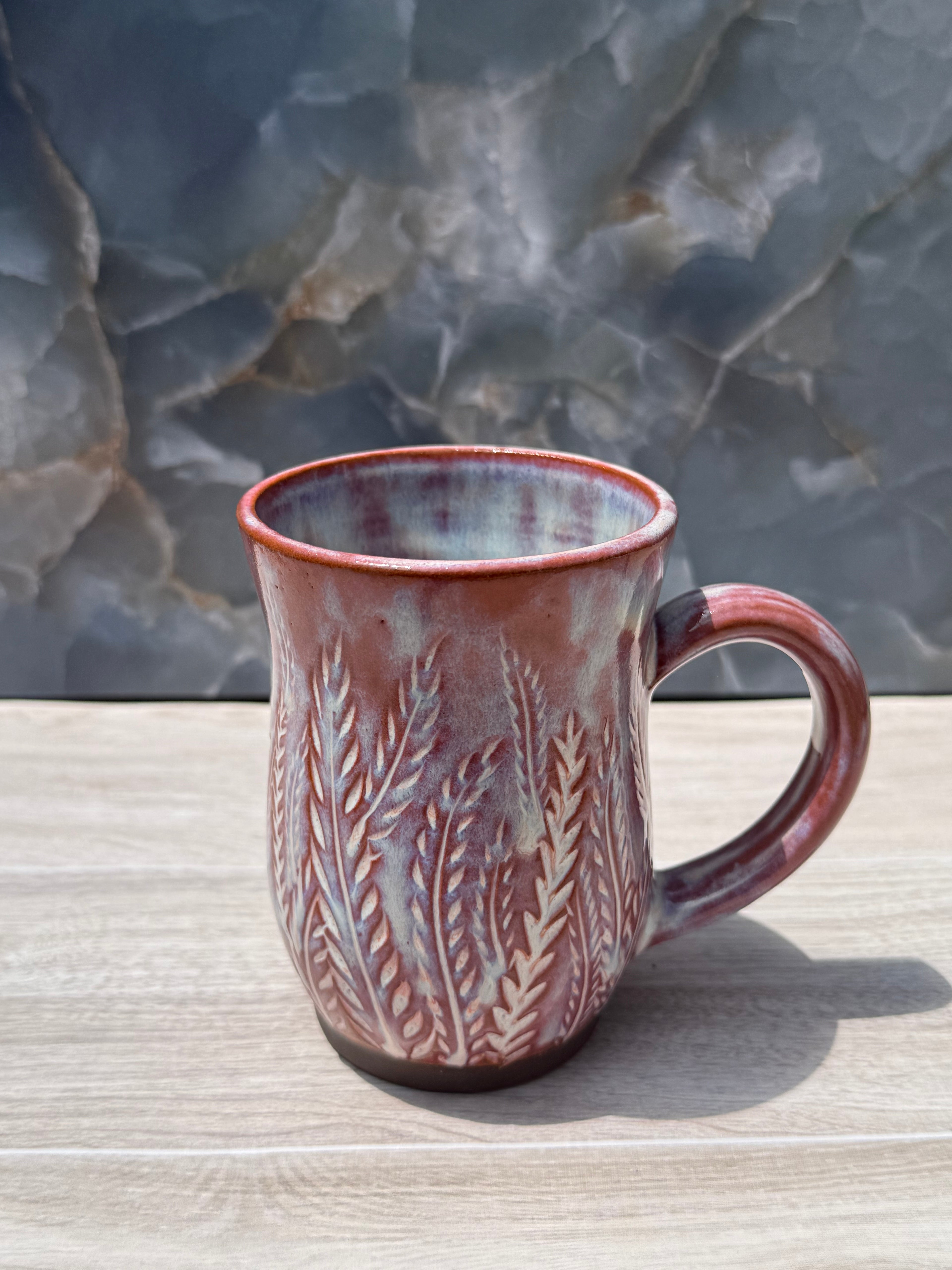 Brown and Blue Carved Fern Mug