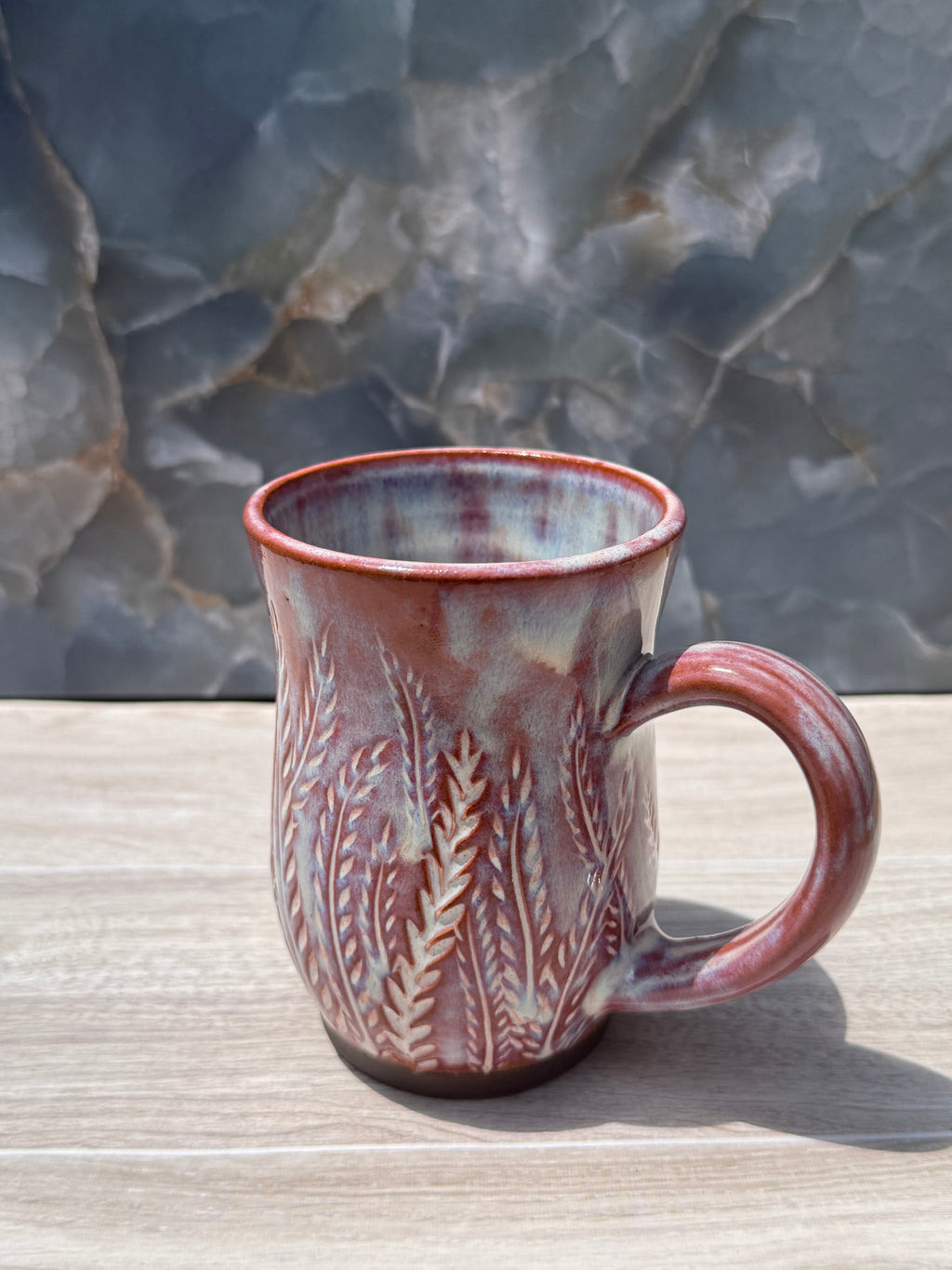 Brown and Blue Carved Fern Mug