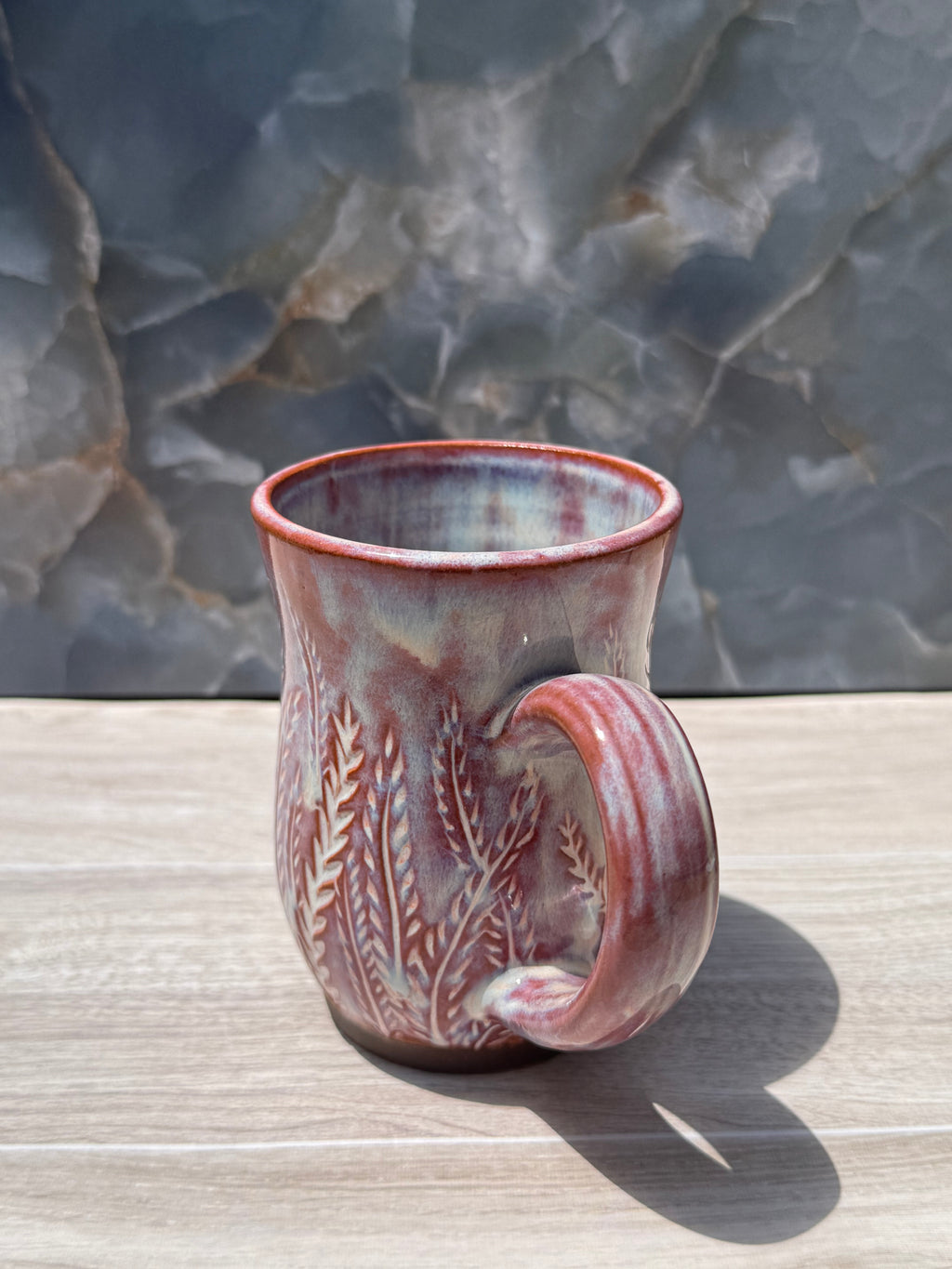 Brown and Blue Carved Fern Mug