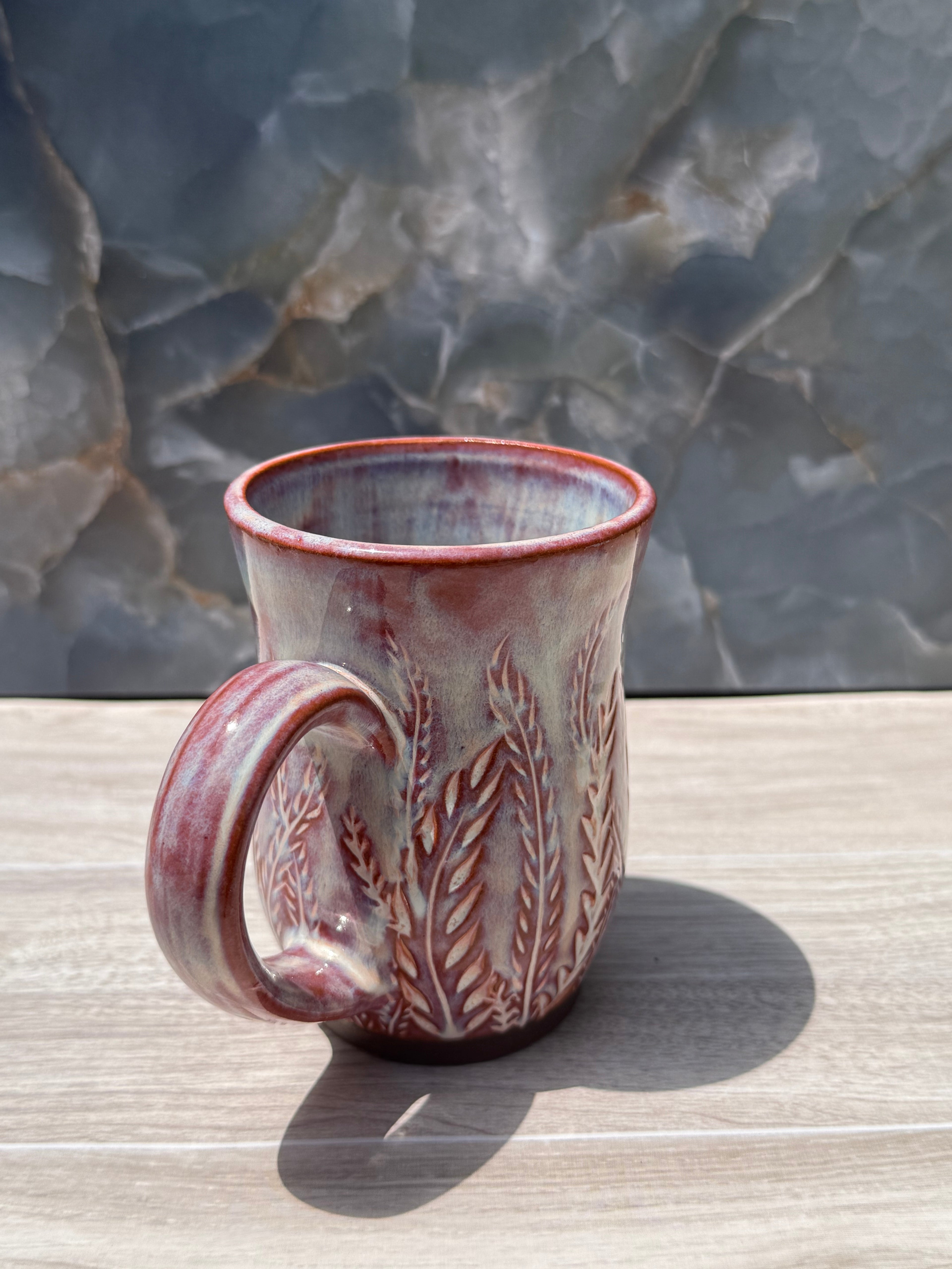 Brown and Blue Carved Fern Mug