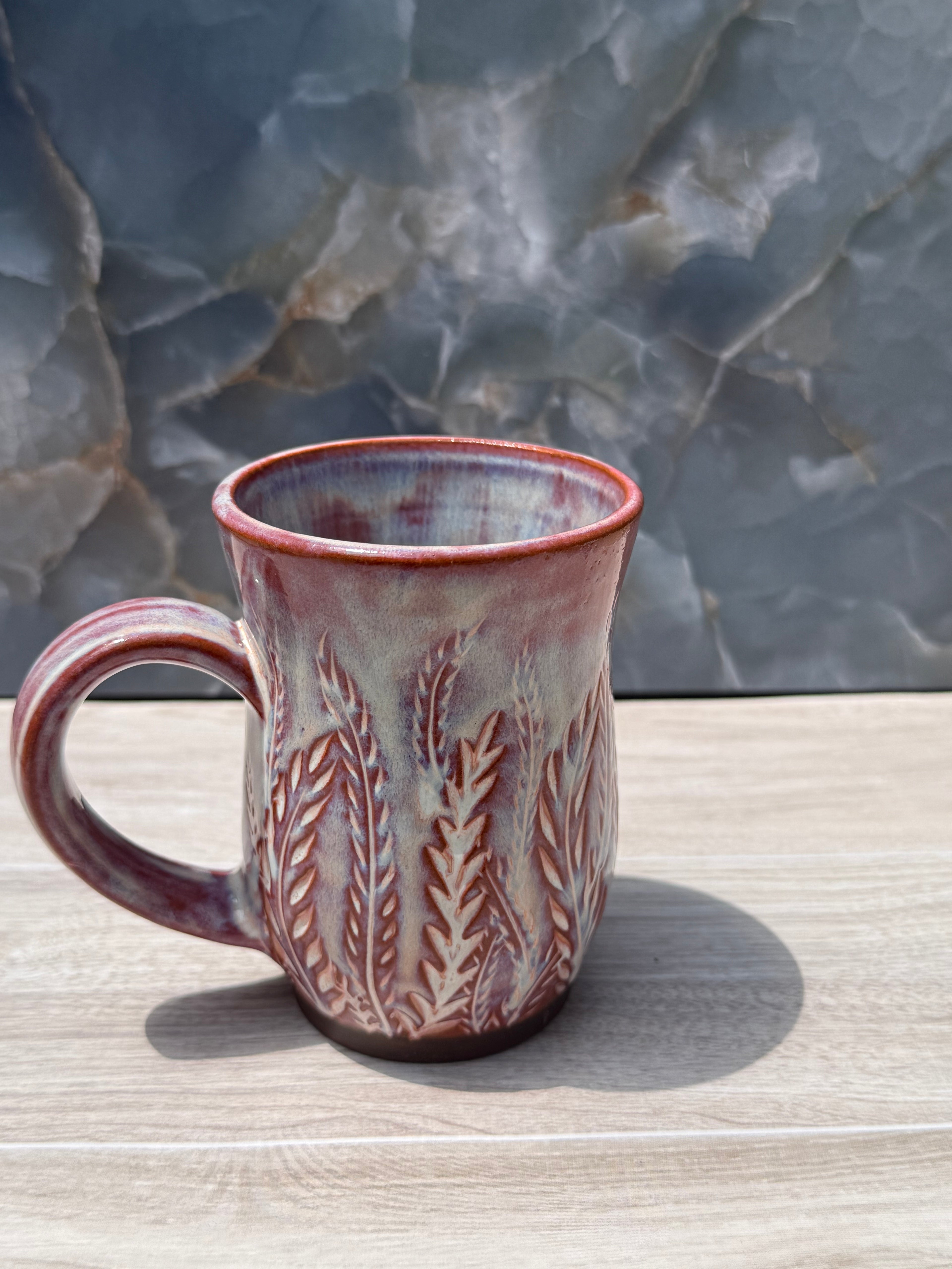 Brown and Blue Carved Fern Mug