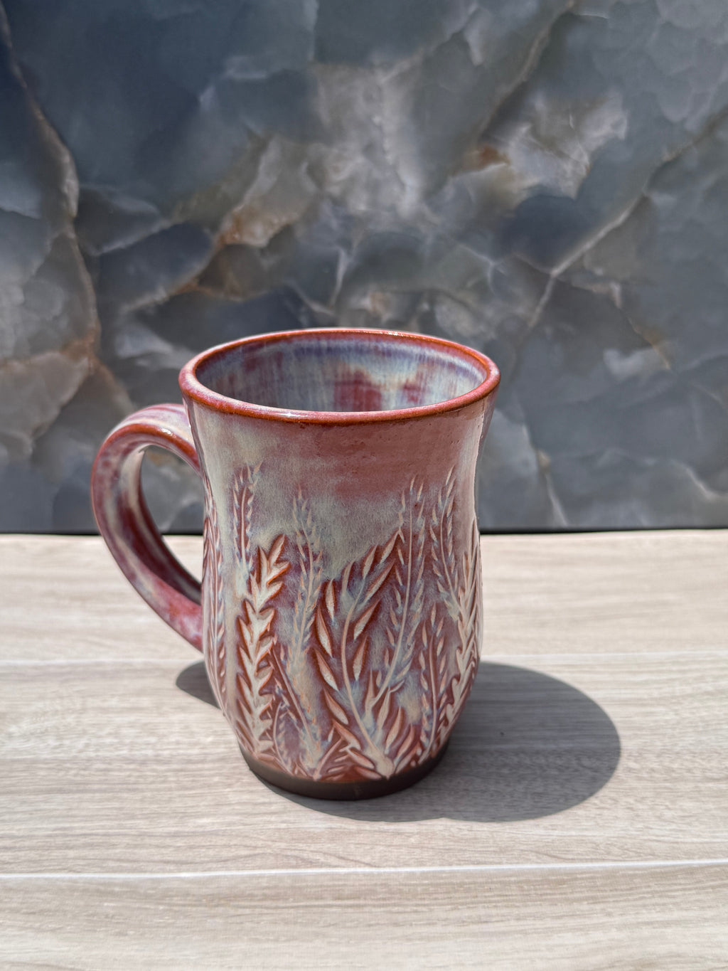 Brown and Blue Carved Fern Mug