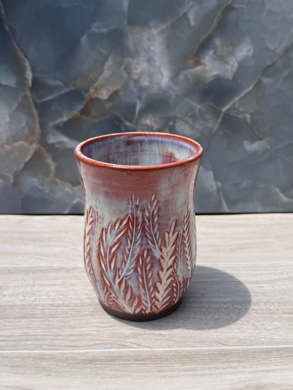 Brown and Blue Carved Fern Mug