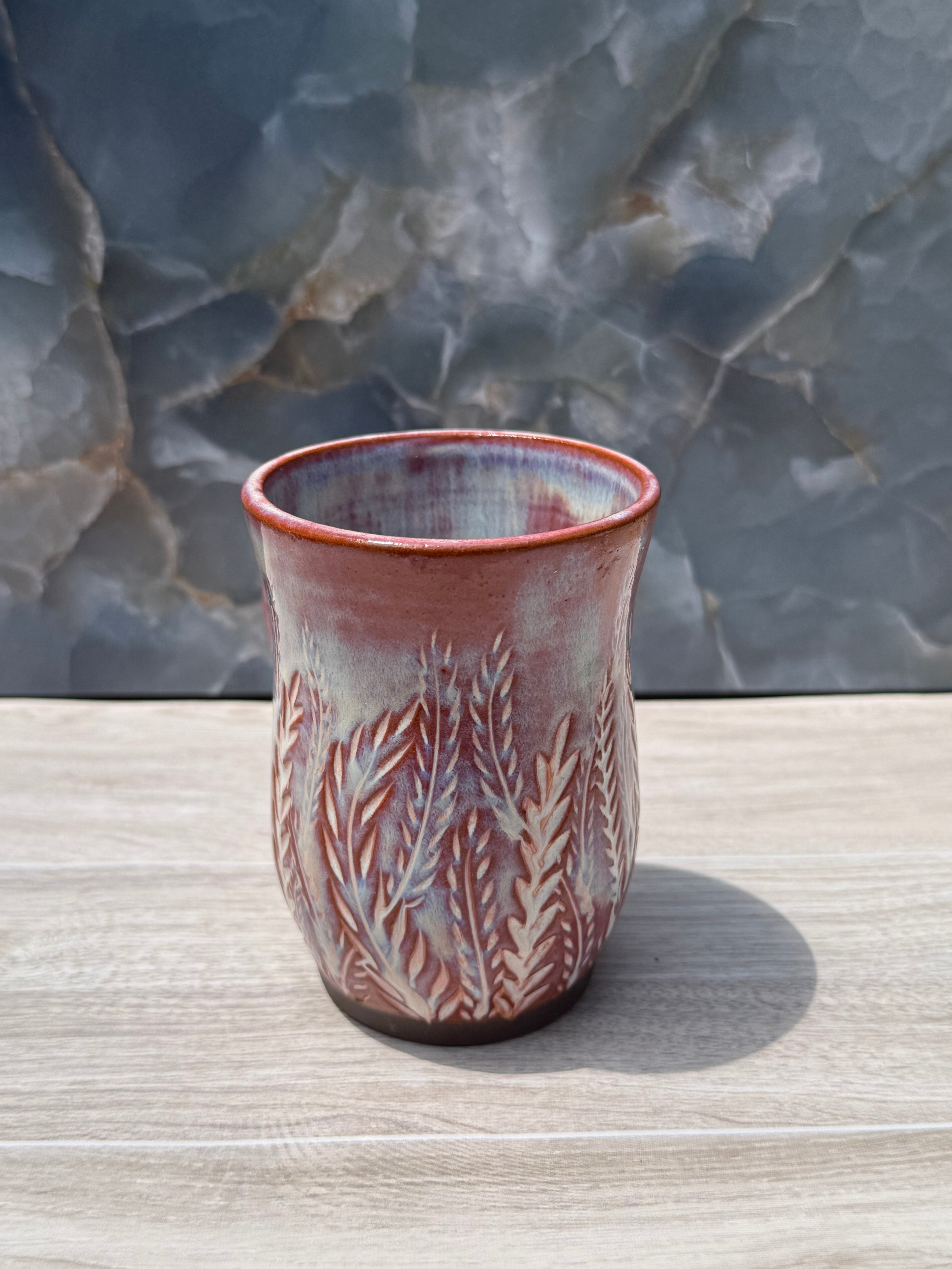 Brown and Blue Carved Fern Mug