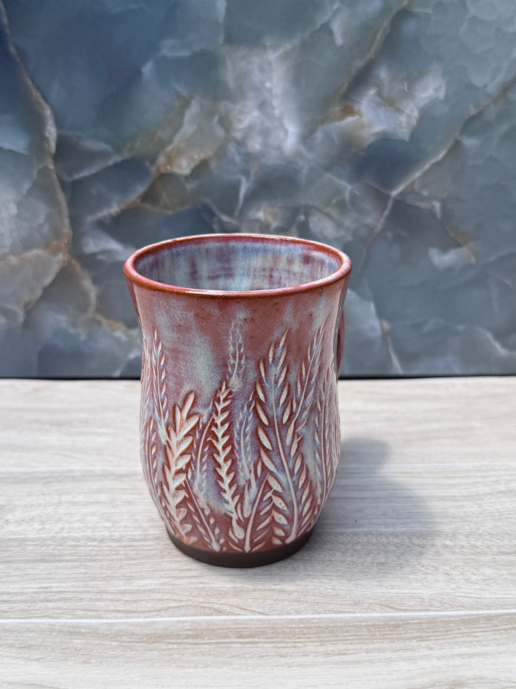 Brown and Blue Carved Fern Mug