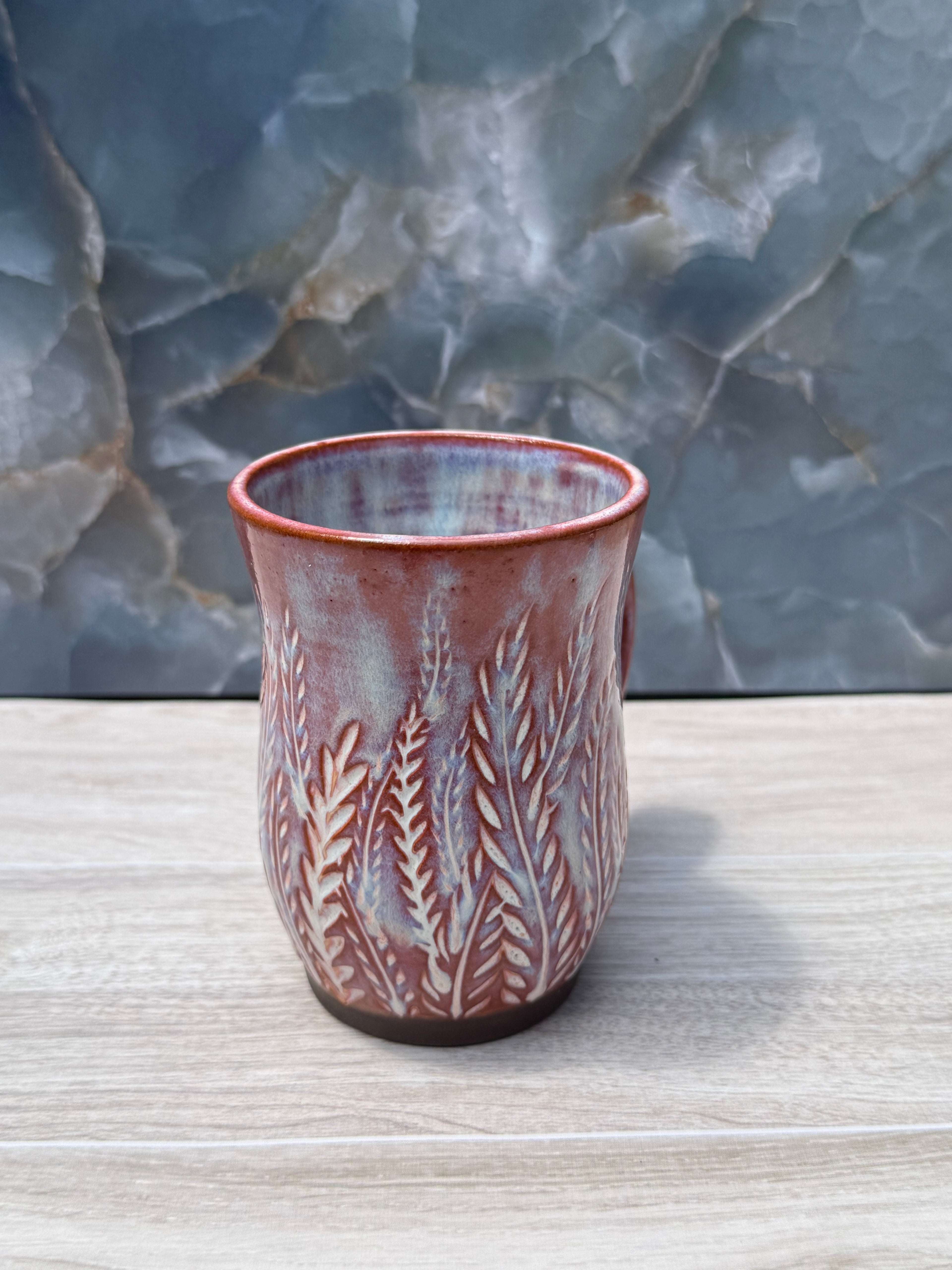 Brown and Blue Carved Fern Mug